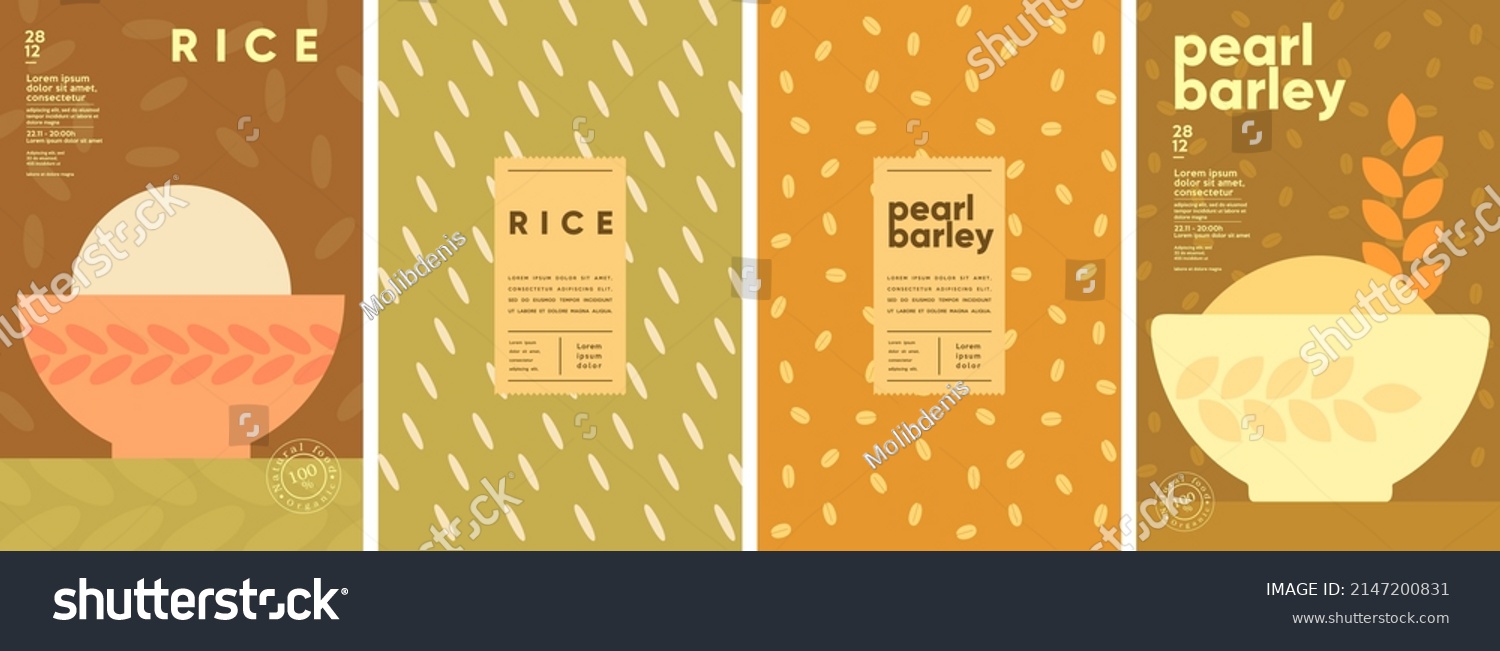 Pearl barley. Rice. Set of vector illustrations. Label design  price tag  cover design. Backgrounds and patterns. 