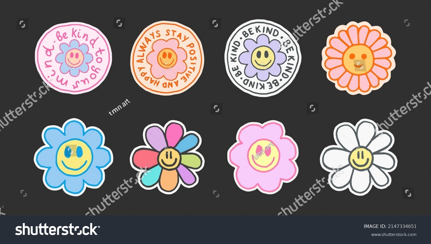 Set of Y2K Cute Smile Flower Stickers. Pop Art Happy Positive Vector Patches. Funny Emoticon Groovy Blossom.