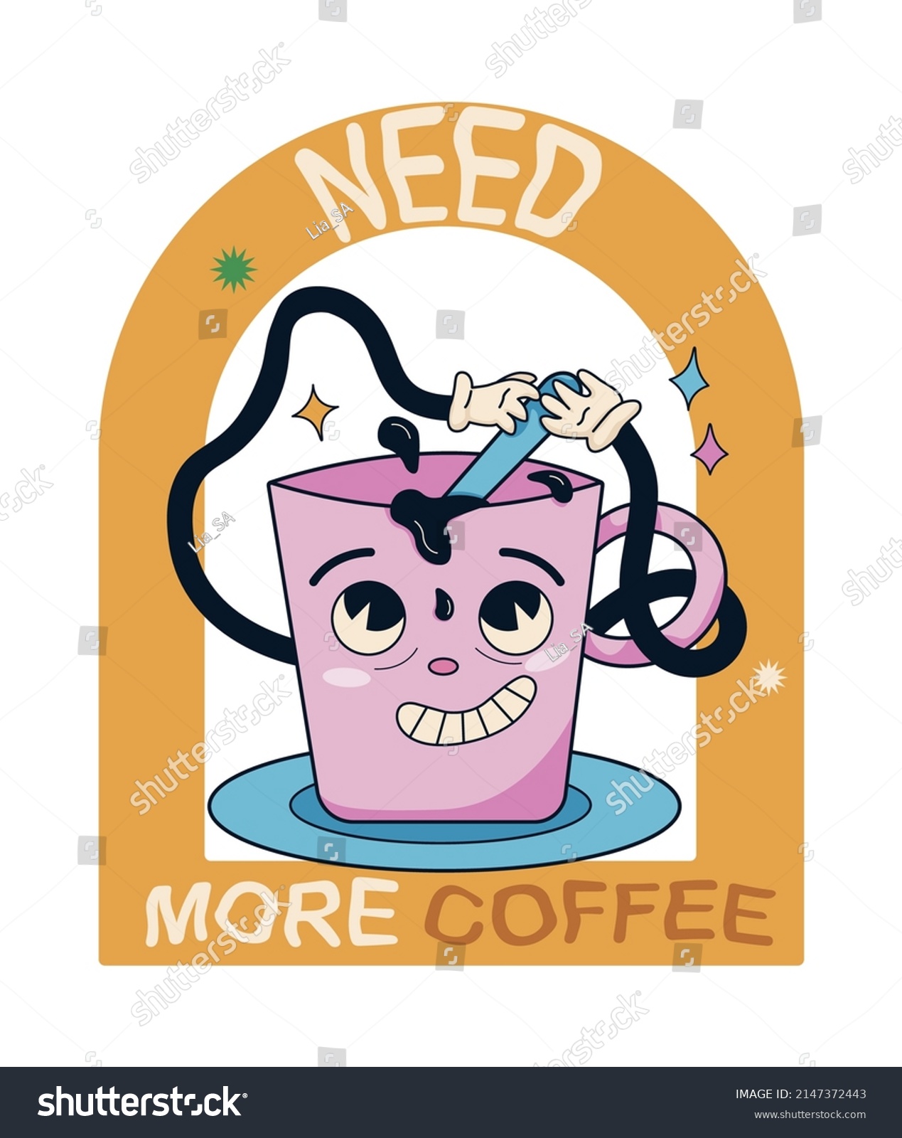 A retro cartoon sticker with a cup of coffee and the phrase. need more coffee. Vector isolated illustration for posters  stickers  print. Comic element in trendy retro cartoon style.