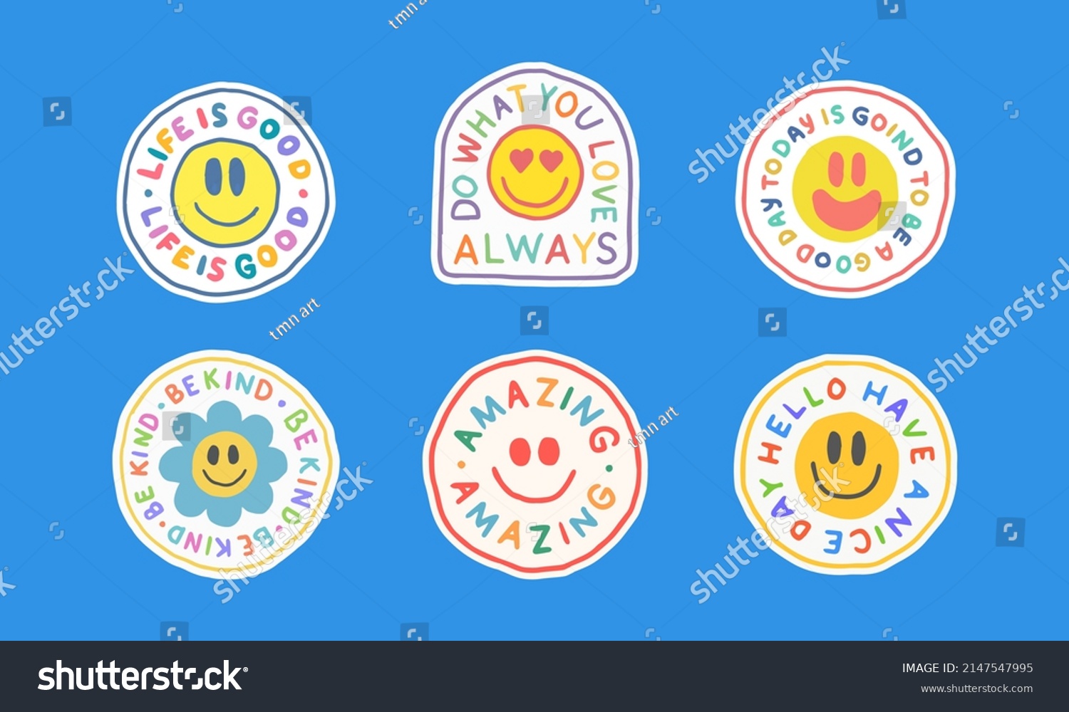 Set of Cool Positive Hand Drawn Stickers Vector Illustration. Trendy Funny Colorful Patches. Retro Pop Art Badges.