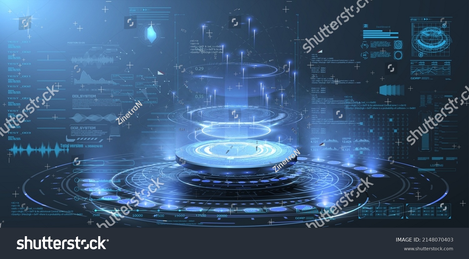 Futuristic lab with 3D circle and HUD elements interface. Blank Hologram for show your product. User interface HUD and Infographic elements  virtual graphic  simulation  graph  icon. Vector
