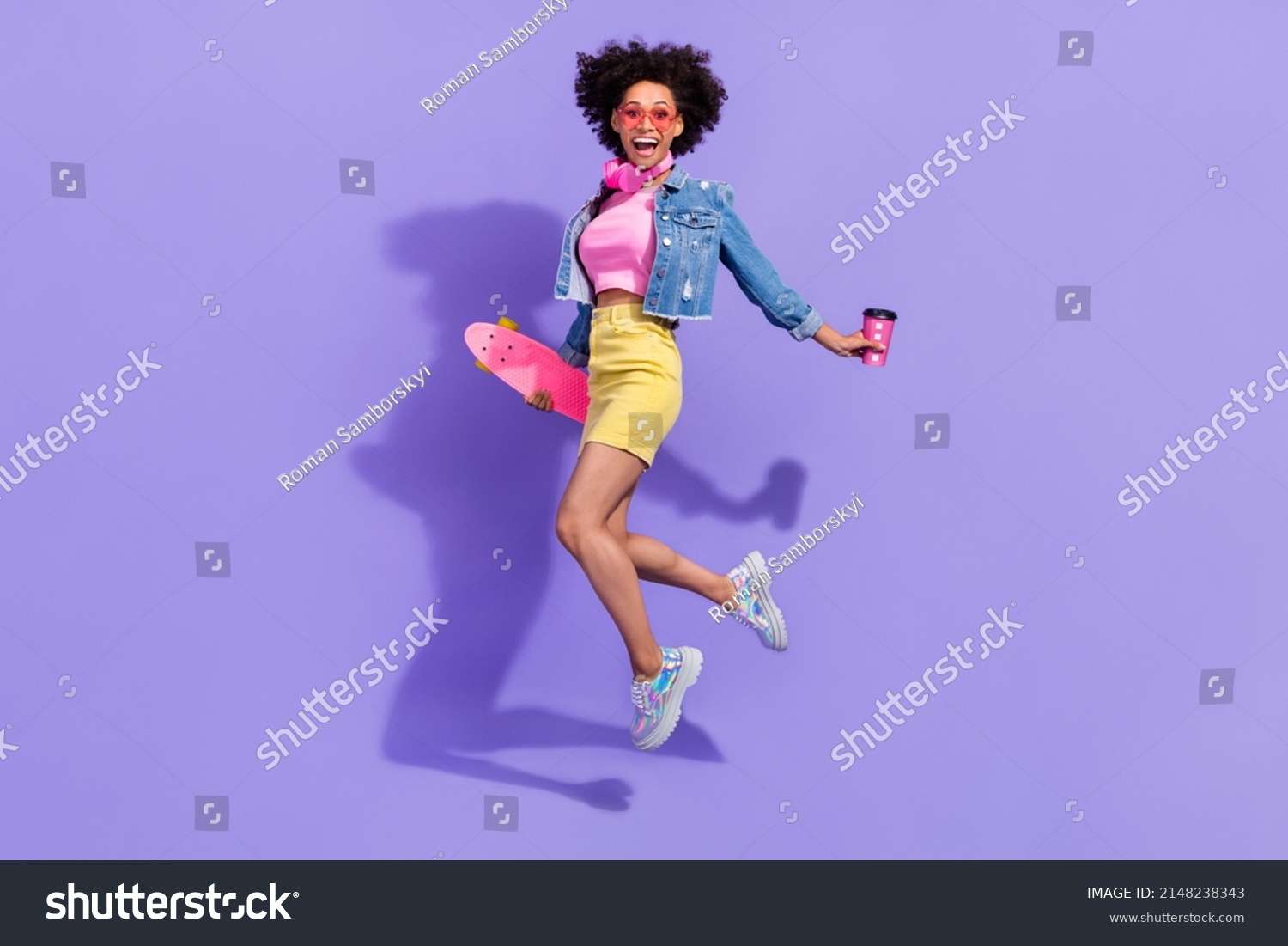 Full length body size view of attractive fit trendy girl jumping having fun action isolated on bright violet purple color background