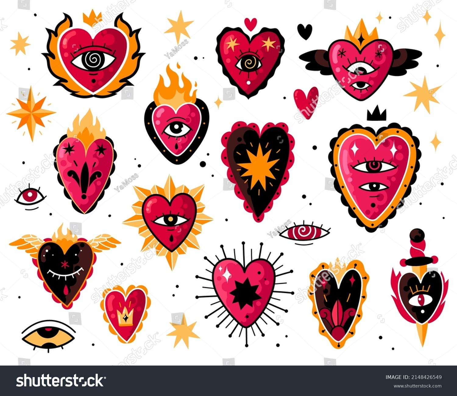 Burning hearts tattoo. Mexican traditional memorial symbols  color old school style  flames and eyes stickers  hot love patches  vector set