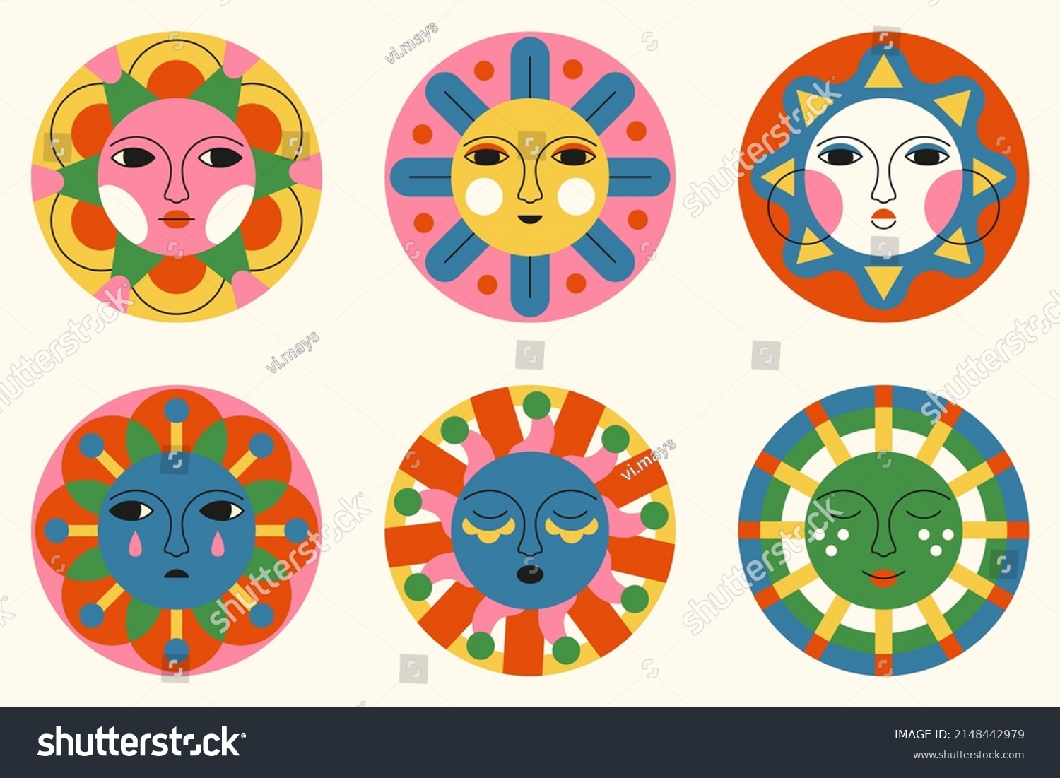 Bundle of stylized abstract suns with face. Drawn character with emotion. Colorful isolated illustration with ethnic elements. Stickers for decor  logo  printing  textiles  packaging. Vector pattern