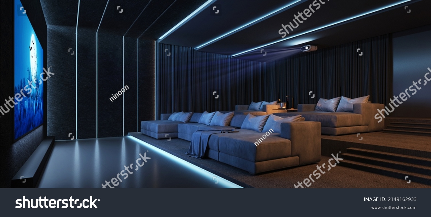 Luxury home theater room with big couch.3d rendering_站酷海洛_正版图片_视频_字体_音乐