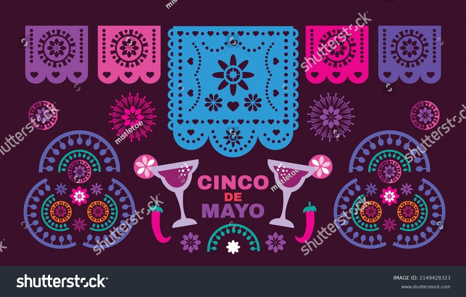 Happy Cinco de mayo poster with characers sombrero pepper tequila firework Translation from