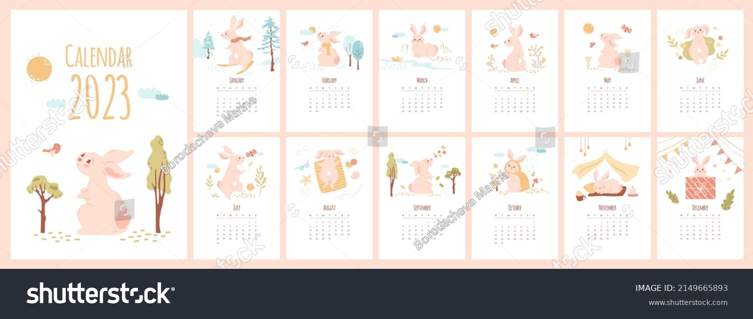 Calendar 2023 with cute rabbit. Set of 12 vector minimal illustrations with mascot of the year in different season activities. Cartoon baby animal  bunny in pink pastel colors  kids monthly print