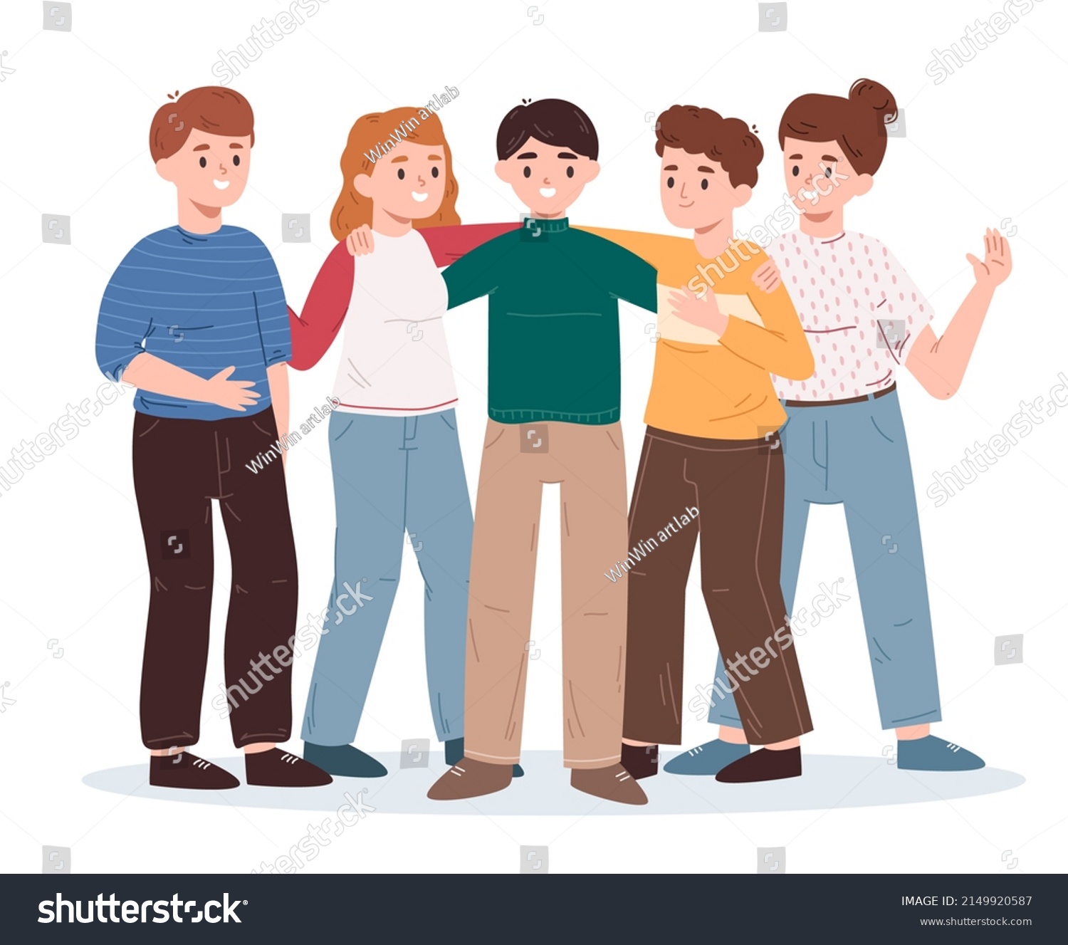 Happy friends group gathering holding hands and hugging together. Young friends diverse group standing together illustration. Friendship and communication concept gathering friends