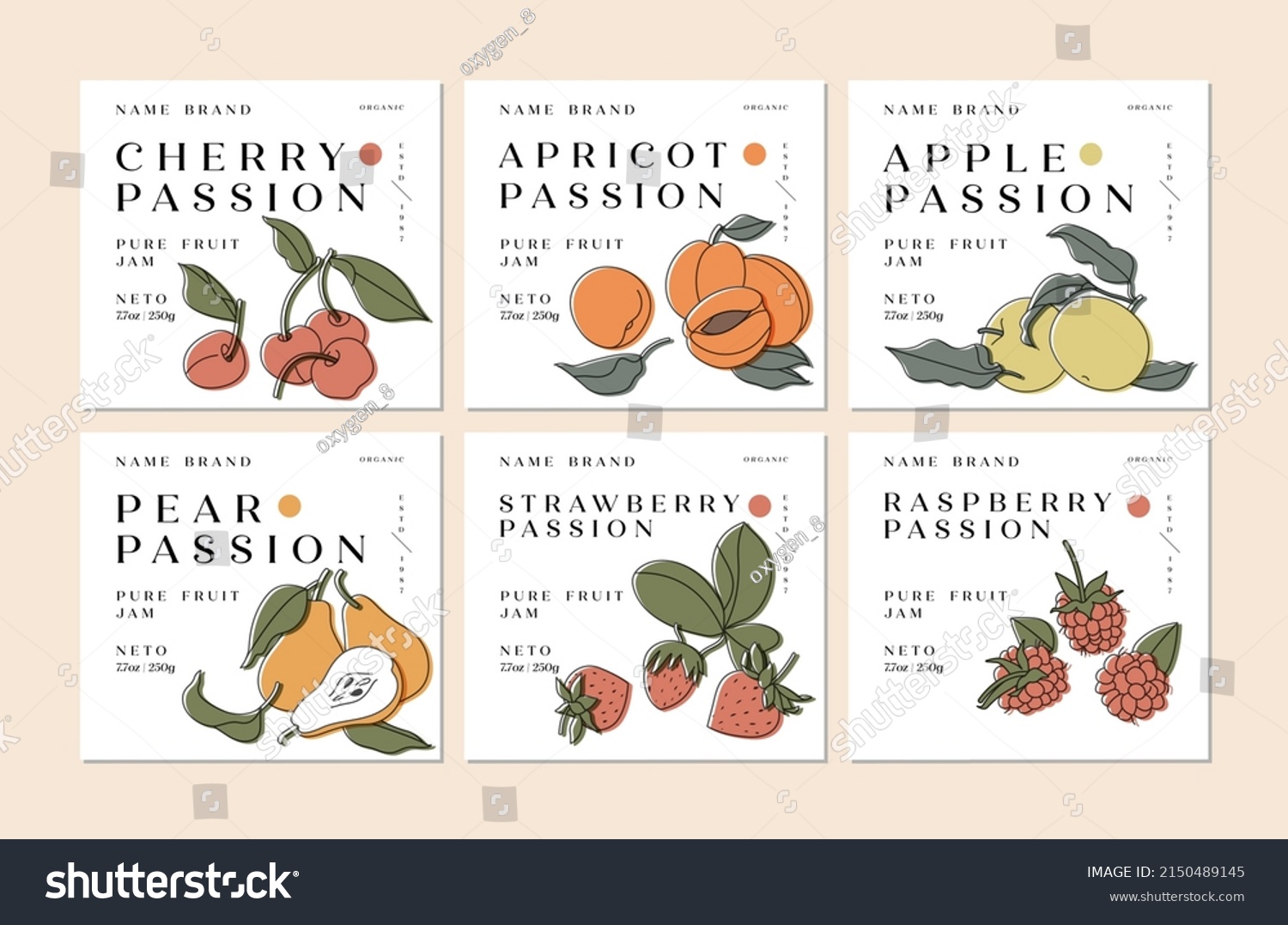 Vector illustration set of design labels with apple  apricot  pear  strawberry and raspberry  cherry fruits - simple linear style. Emblems composition with fruits and typography