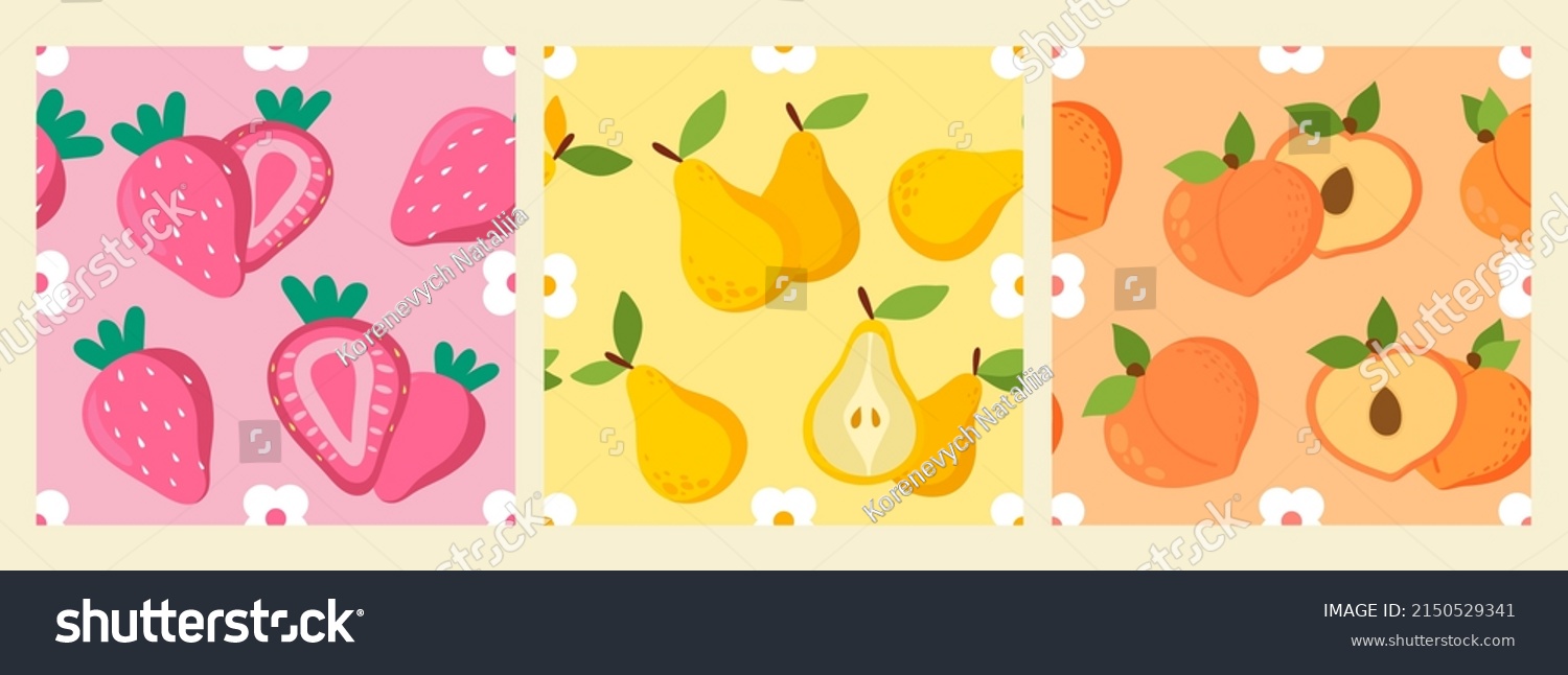 Set of three fruit vector seamless patterns. Includes pears  peaches and strawberries. Suitable for wrapping  wallpaper for your home  fashion design and more