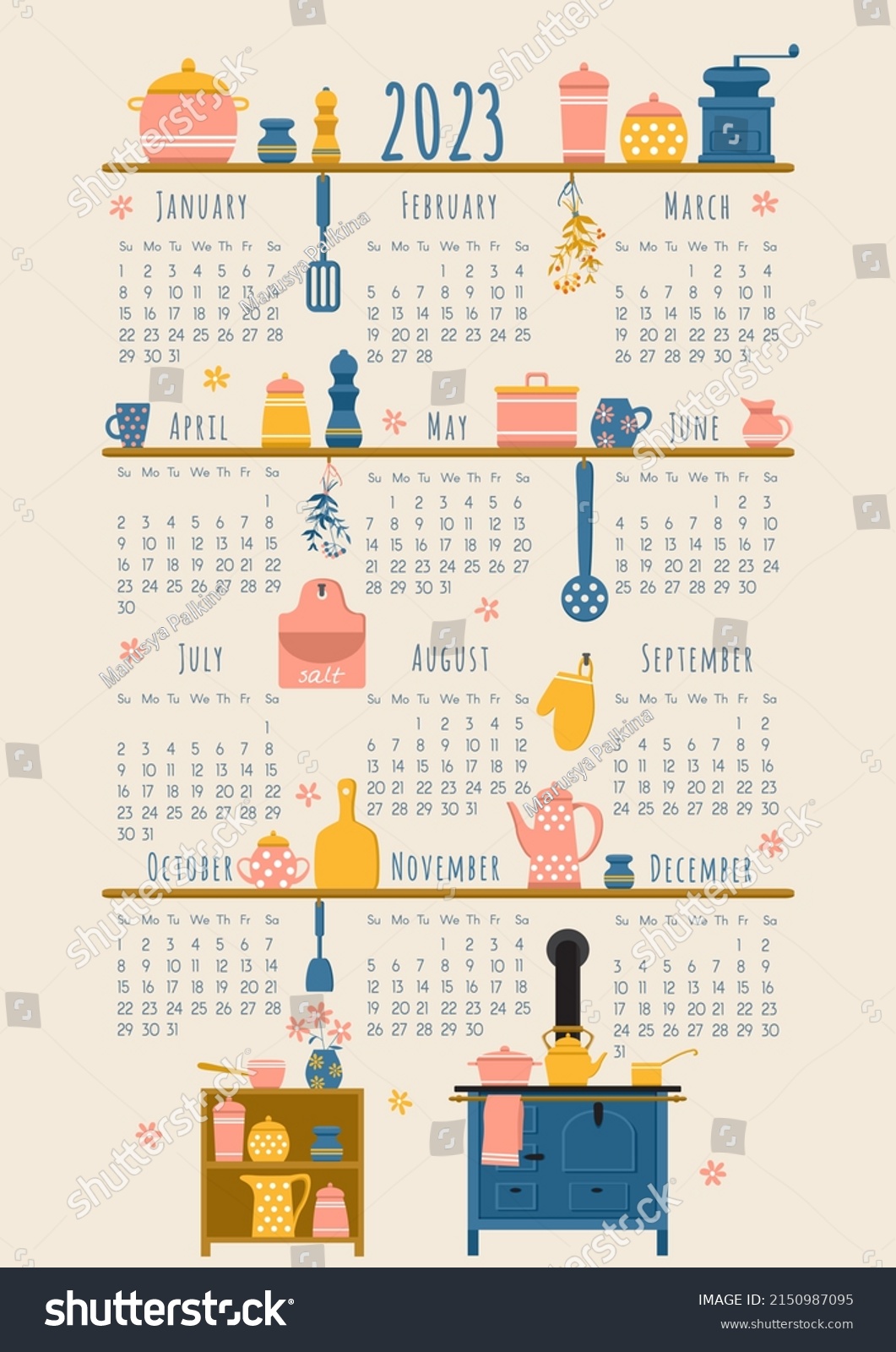 2023 calendar template with kitchen elements: old wood-burning stove  dried herbs and shelves with kitchenware. Week starts on Sunday. Vector illustration  flat style  vertical A4 format.