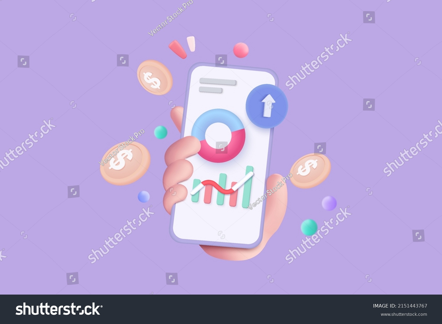 3D vector hand holding mobile isolated on pastel purple background. Hand using funding business graph on application under creative solution concept in 3D vector. 3d trading for business investment