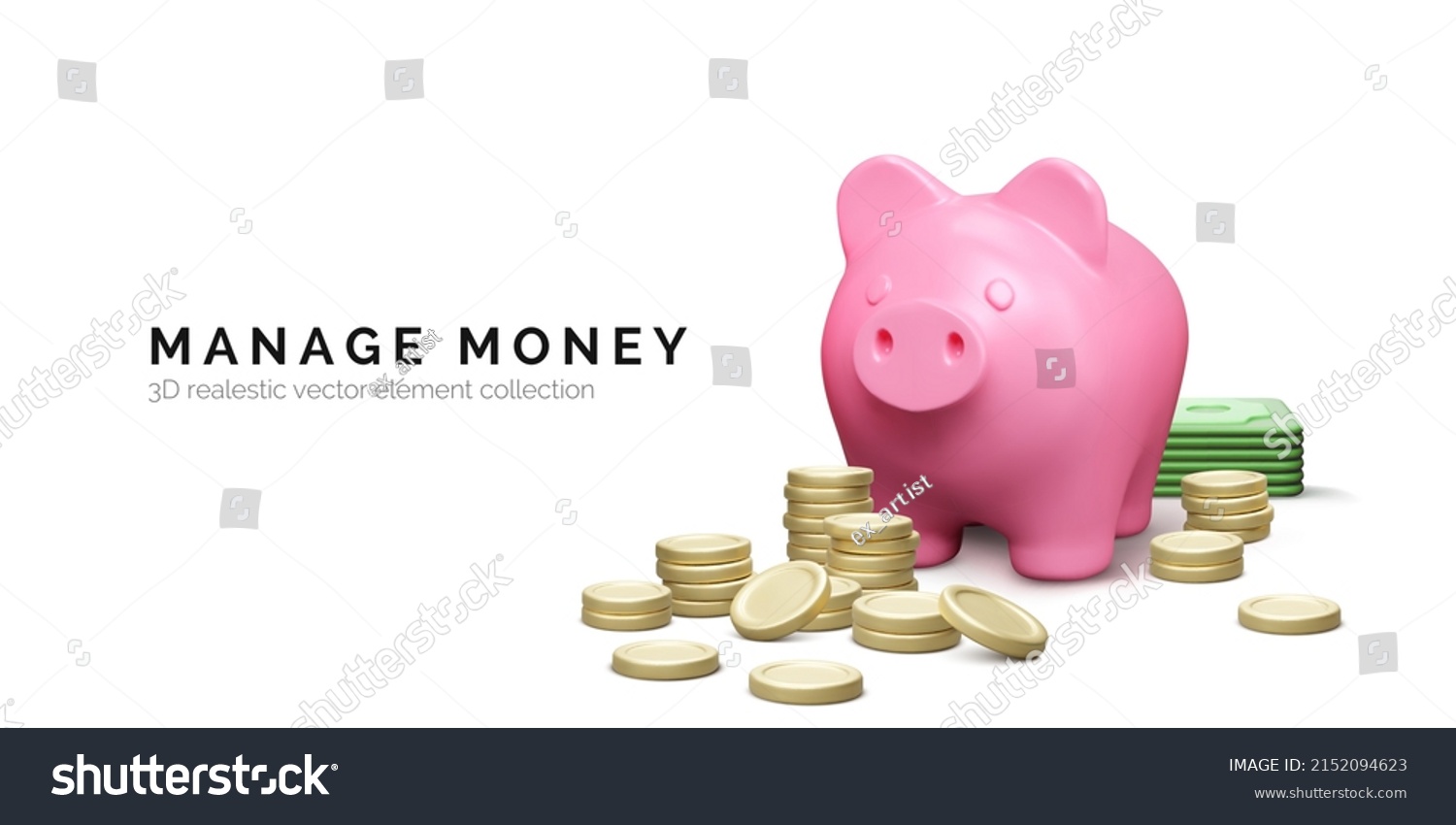 Piggy bank with stack of gold coins. Money savings concept. 3D realistic pig and money stack. Finance investment and business concept. Vector illustration