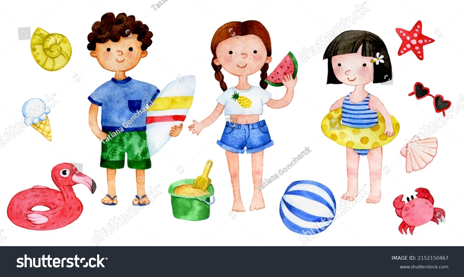 watercolor drawing. set of cute characters of children on the beach. boy and girls in bathing suits swimming circle toys