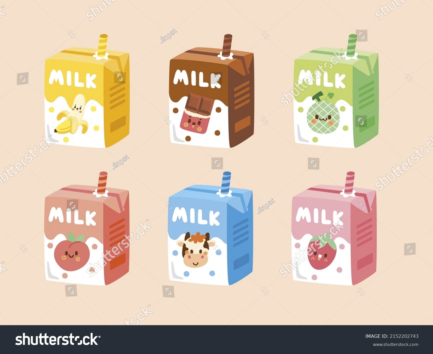 Set of cute milk box .Banana  Chocolate  Melon  original fresh milk  Peach  Strawberry.