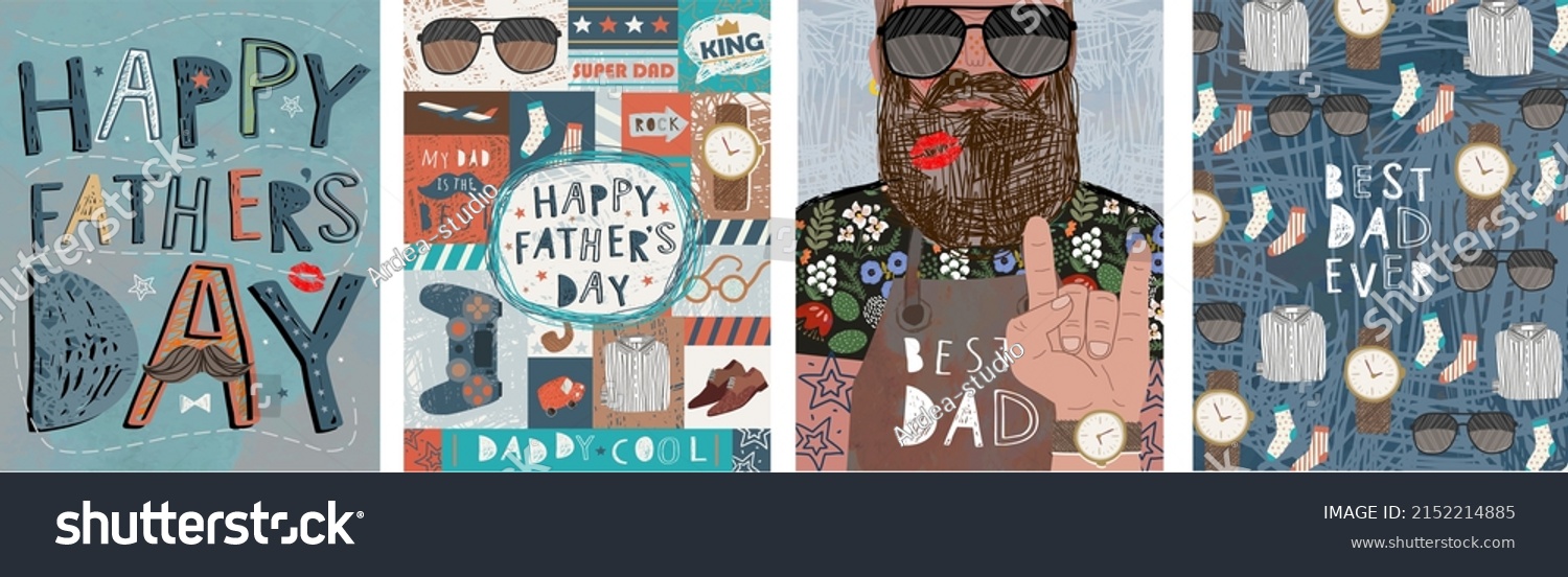 Happy Father's Day! Vector cute illustration of dad  text  male objects  pattern for postcard  card  poster or background