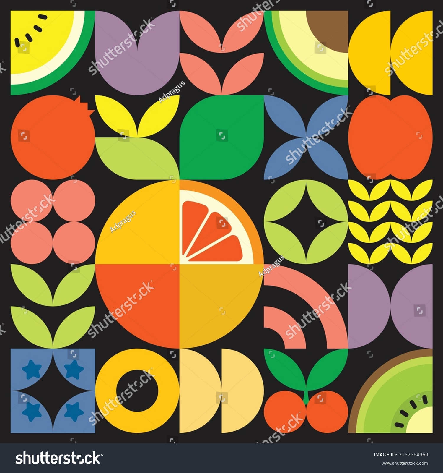 Geometric summer fresh fruit cut artwork poster with colorful simple shapes. Scandinavian style flat abstract vector pattern design. Minimalist illustration of a grapefruit ruby on a black background.