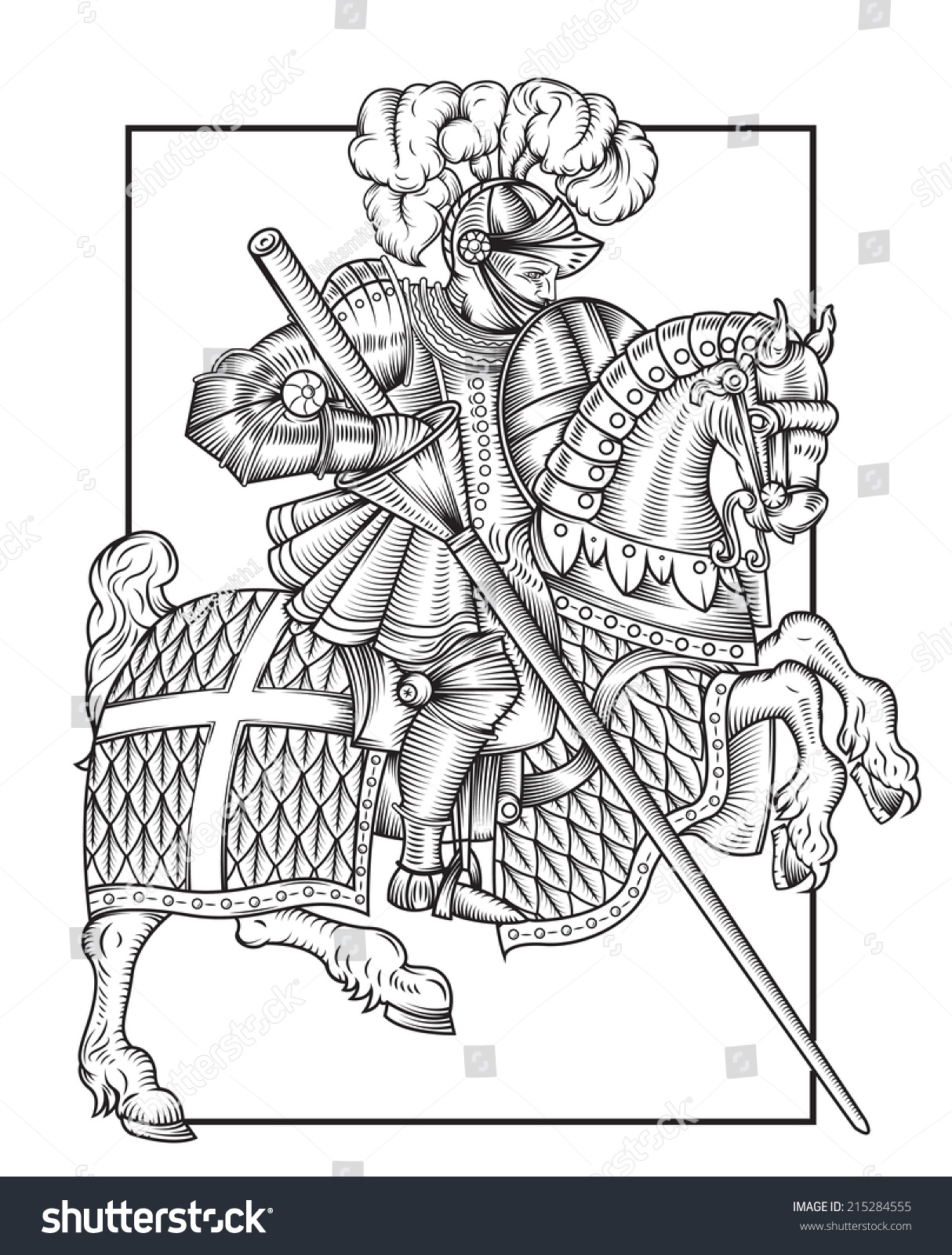 Vector wood cut style drawing of a Knight on horseback/Wood cut knight/ Easy to edit great vintage wood cut style 