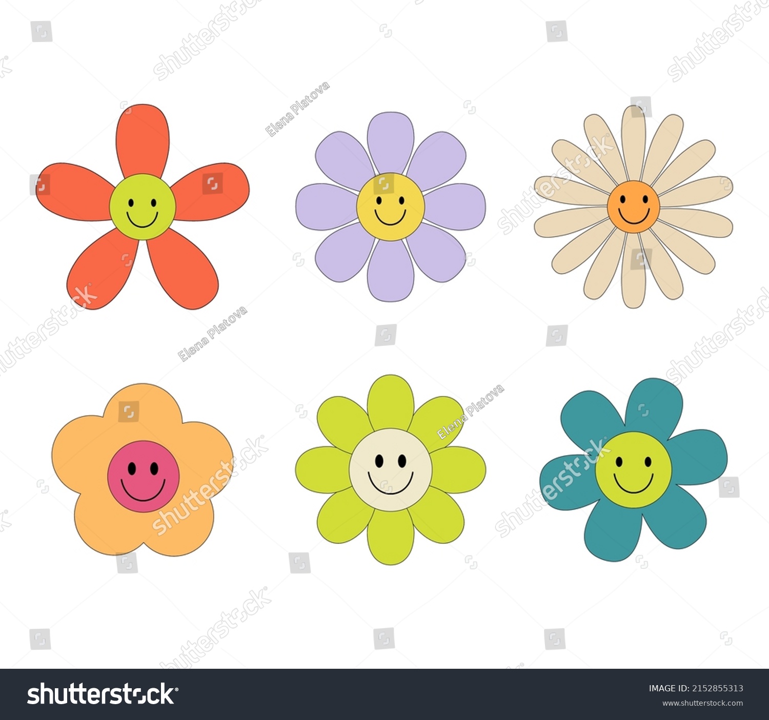 Groovy retro flowers daisy set. Hippie psychedelic stickers in 1970 style. Vector Disco flowers with face isolated on white background
