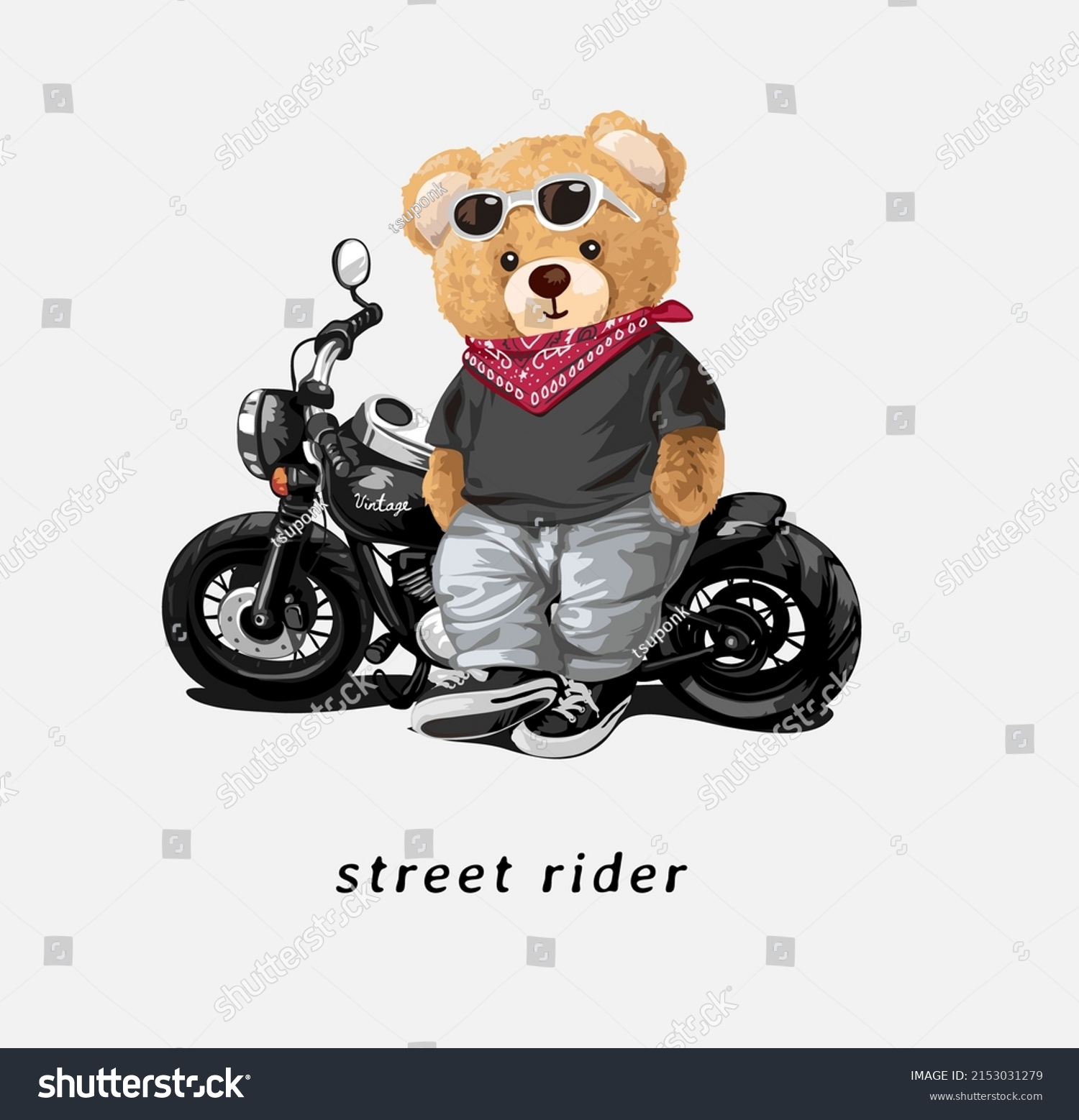 street rider slogan with bear doll leaning on motorcycle vector illustration