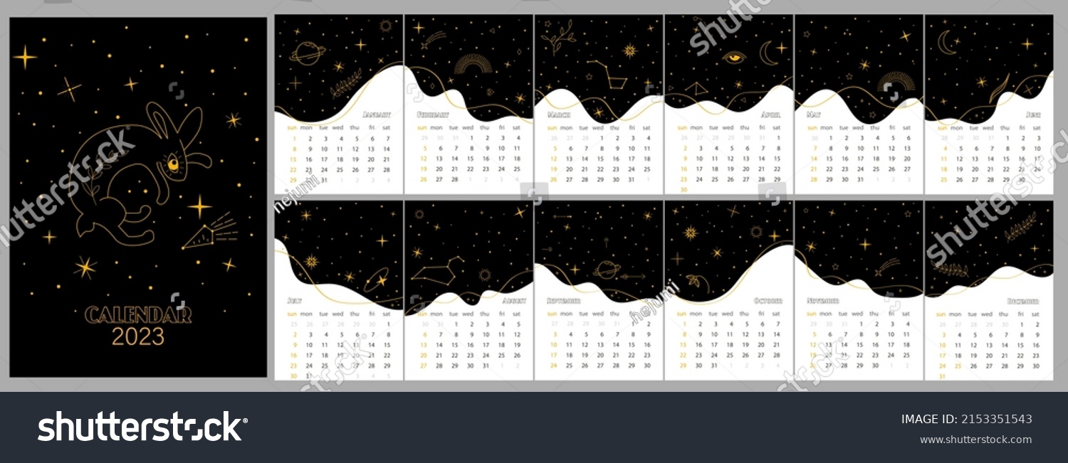 esoteric star calendar for 12 months of 2023. Black calendar with constellations and rabbit. Hare among the stars of the konepiya calendar