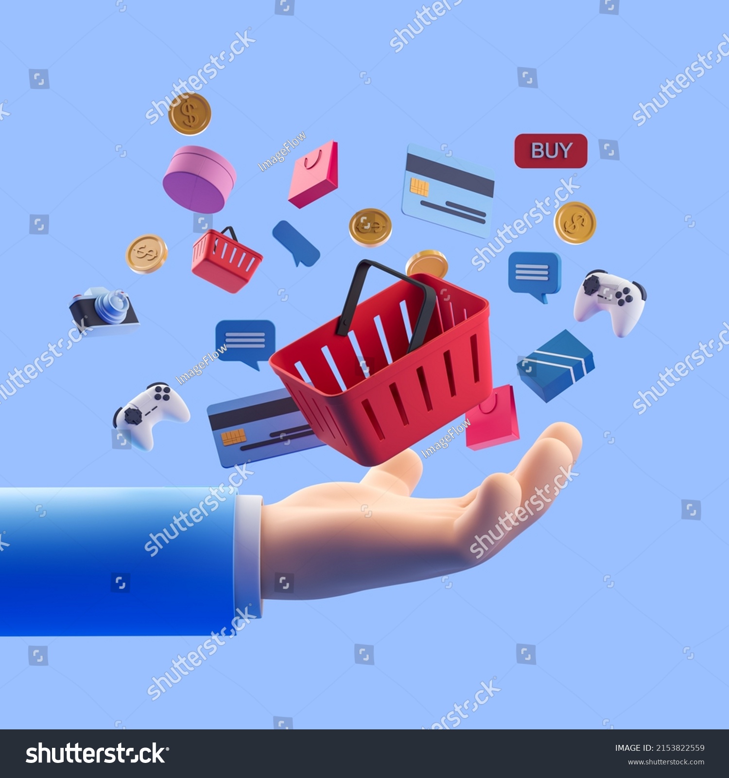 Cartoon hand hold shopping basket. Photo camera gamepad money and text messages on blue background. Concept of gift and entertainment. 3D rendering