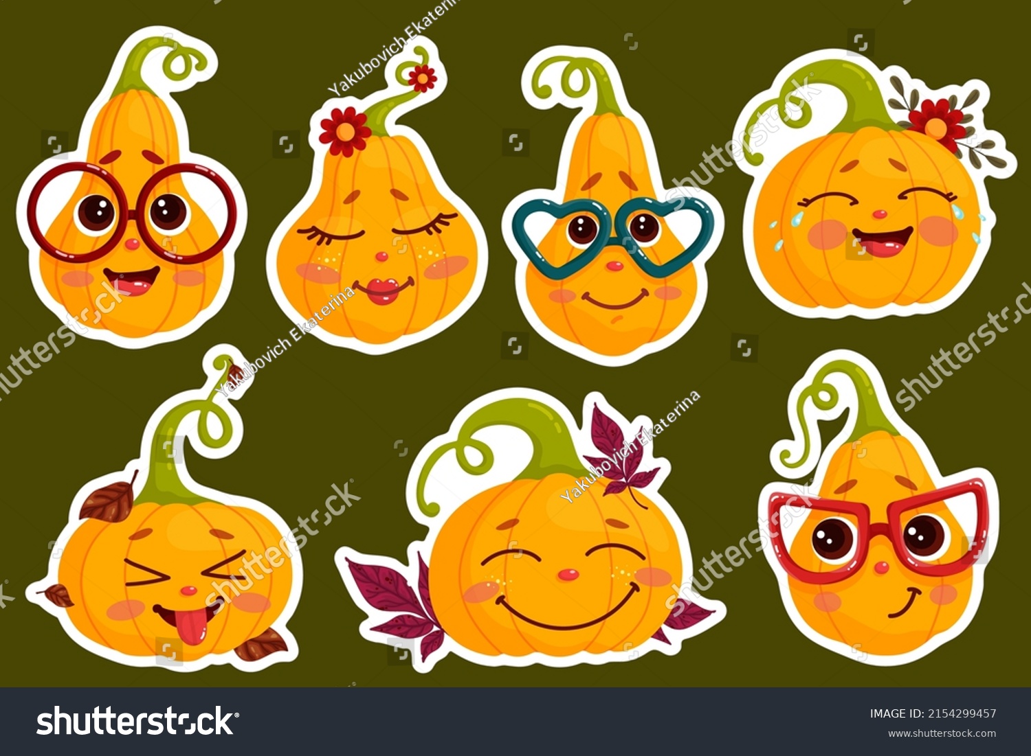 Set of stickers cute pumpkins autumn characters.Cartoon vector graphics.