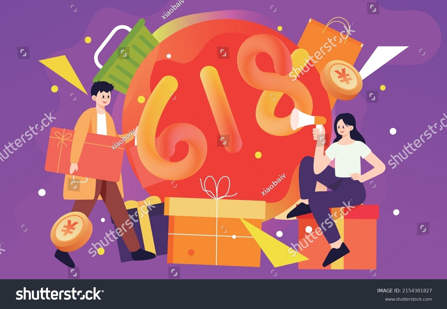 Boy shopping with various shopping bags  girl sitting on gift box  vector illustration
