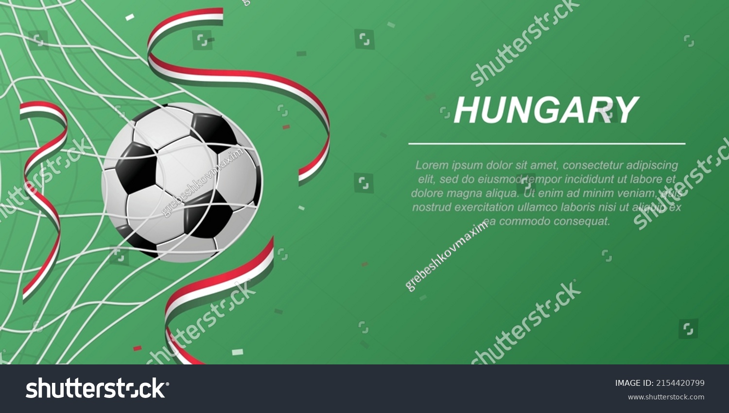 Soccer background with flying ribbons in colors of the flag of Hungary. Realistic soccer ball in goal net.