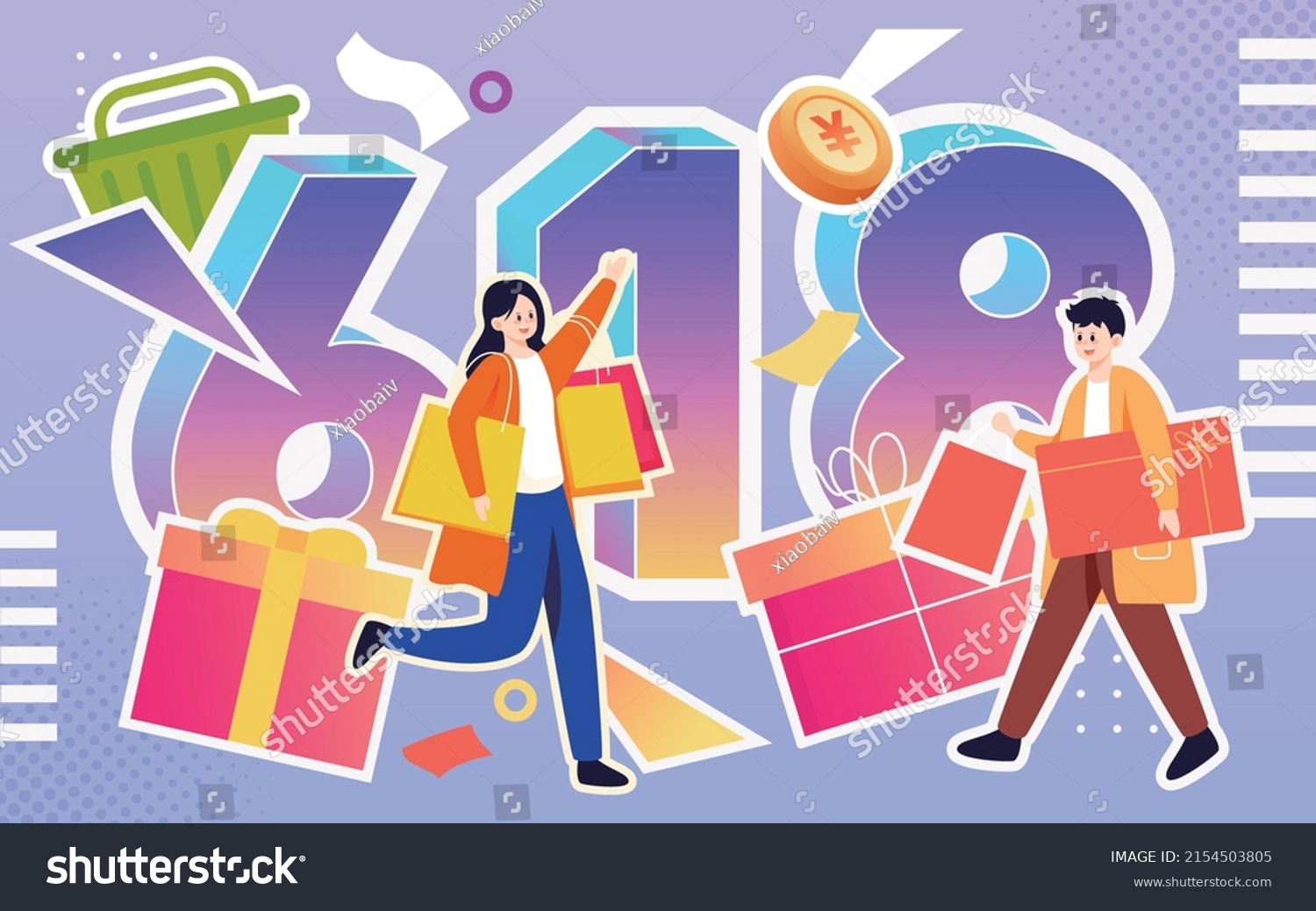 Boys and girls hold various shopping bags in their hands with various gift boxes and shopping bags in the background  vector illustration