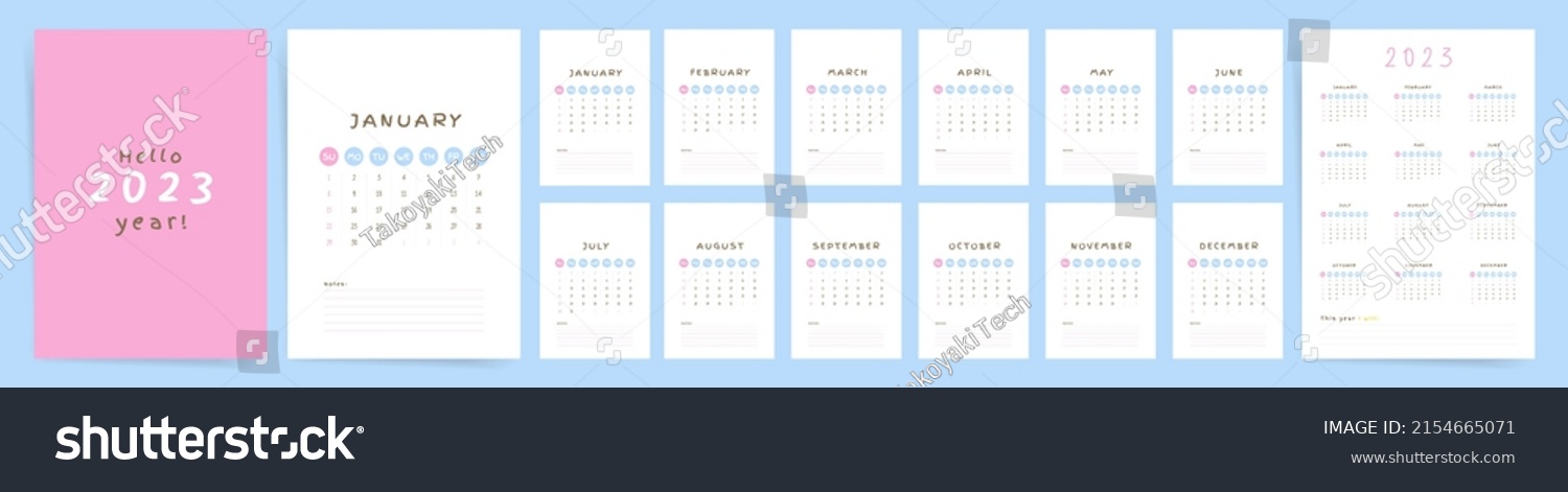 2023 wall calendar template design. Ready to use cute pink personal calendar and planner with place for notes. Vector vertical 12 months 2023 calendar. Starts on Sunday.