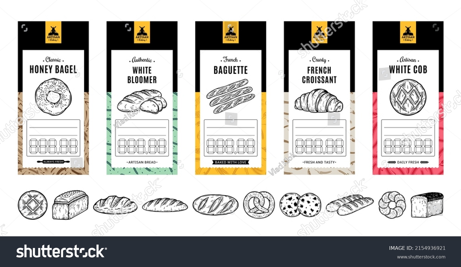 Set of bakery price tags. Bread labels and packaging design templates. Vector bakery illustrations and patterns