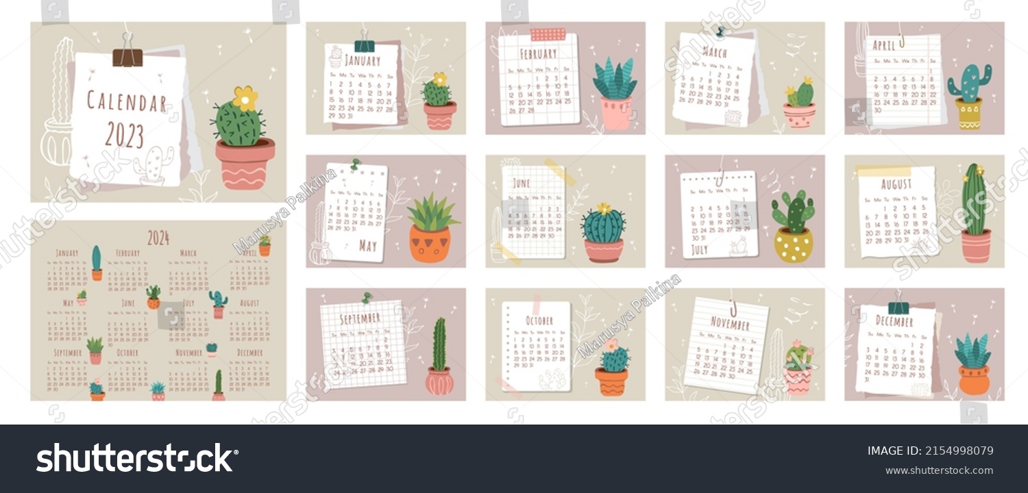 2023 calendar. Cover  set of 12 months pages and page with 2024 calendar. Pieces of papers  different types of cacti and cacti contours in flat style. Week starts on Saturday. Vector illustration.