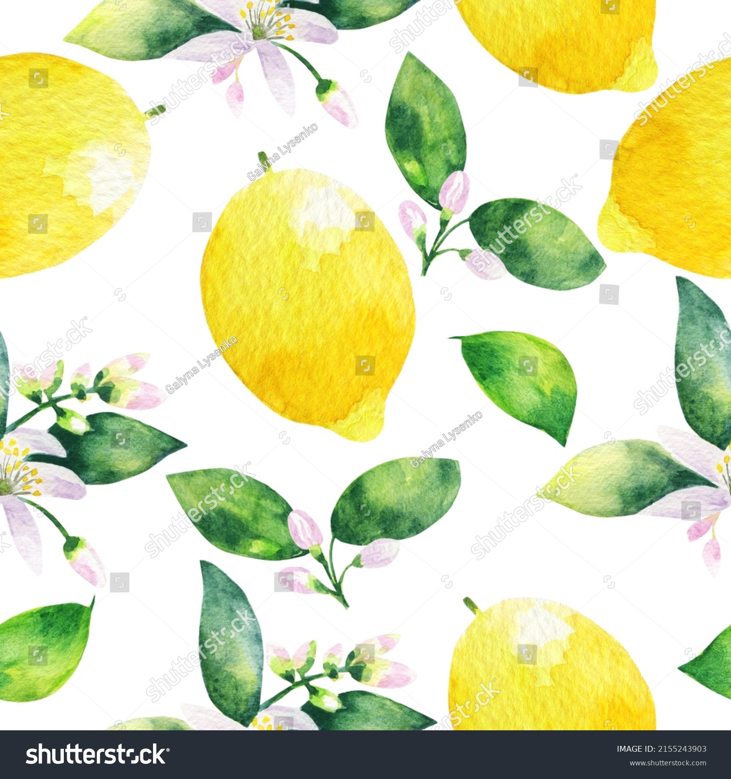 Watercolor seamless pattern of a lemon branch with leaves and citrus ...
