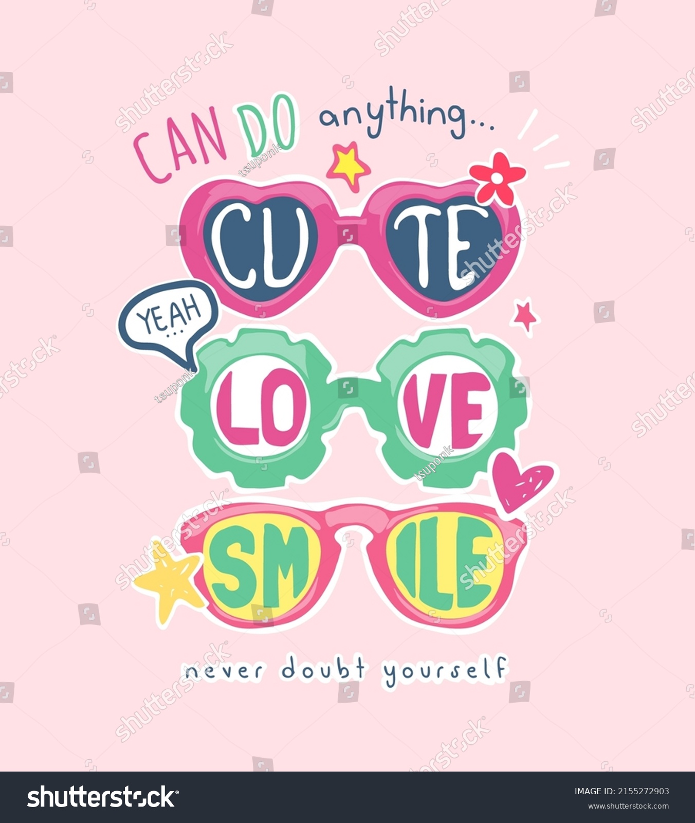 can do anything slogan with colorfuls kid sunglasses on pink background