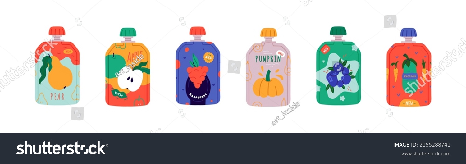 Set of cute fruit puree packaging. Baby food vector concept. Mash with berries  pear  apple  pumpkin  zucchini  carrot. Tasty kid lunch to go with different flavours. Pouch product design labels. 