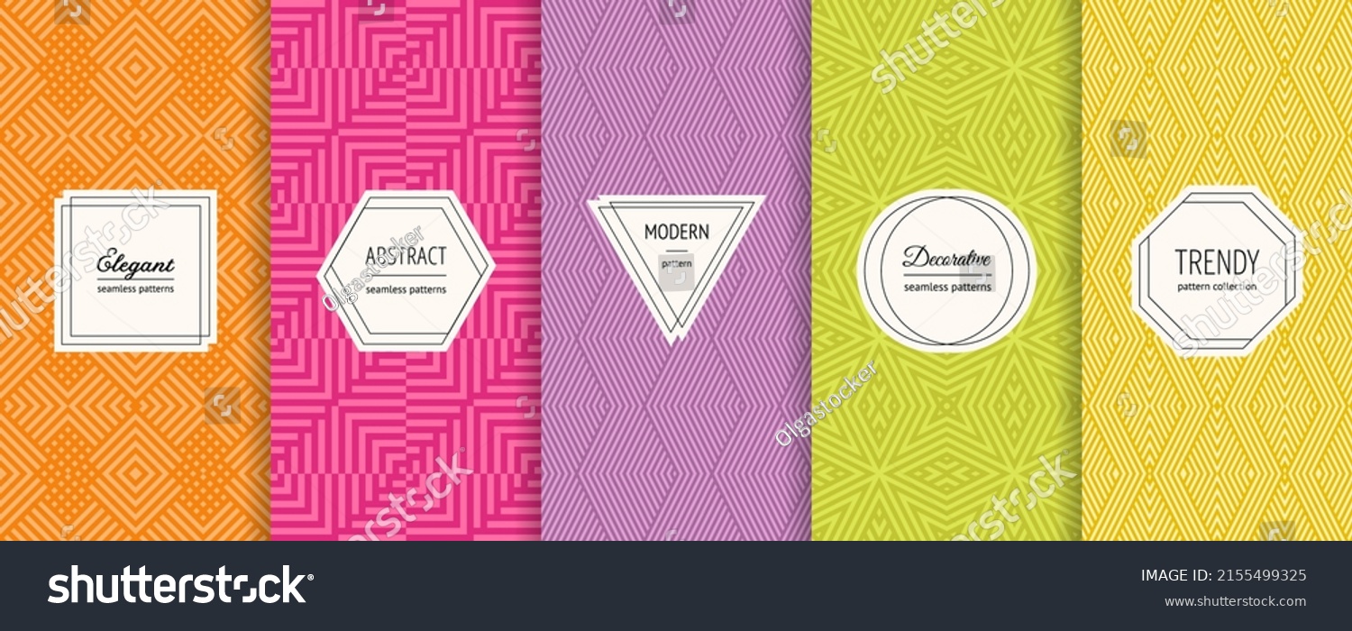 Vector geometric seamless patterns collection. Set of bright colorful background swatches with elegant minimal labels. Cute abstract textures. Trendy design. Orange  pink  purple  green  yellow color