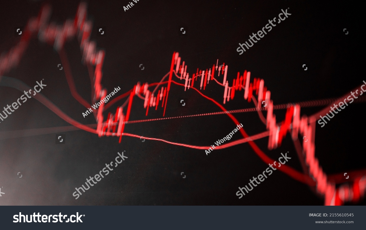 The red crashing market volatility of crypto trading with technical graph and indicator red candlesticks going down without resistance market fear and downtrend. Cryptocurrency background concept.