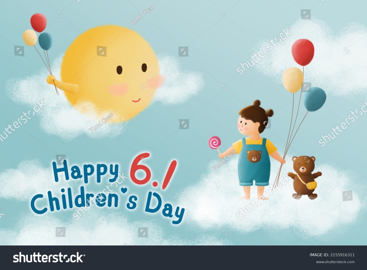 Happy Children's Day. Mr. Sun smiling to the little girl and teddy bear in the blue sky. 