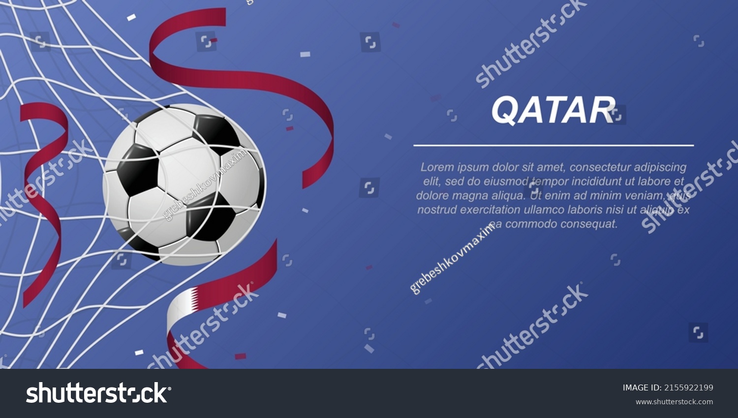 Soccer background with flying ribbons in colors of the flag of Qatar. Realistic soccer ball in goal net.