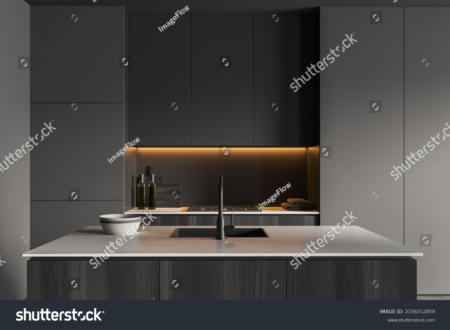Dark kitchen interior with bar island sink and stove. Kitchenware and