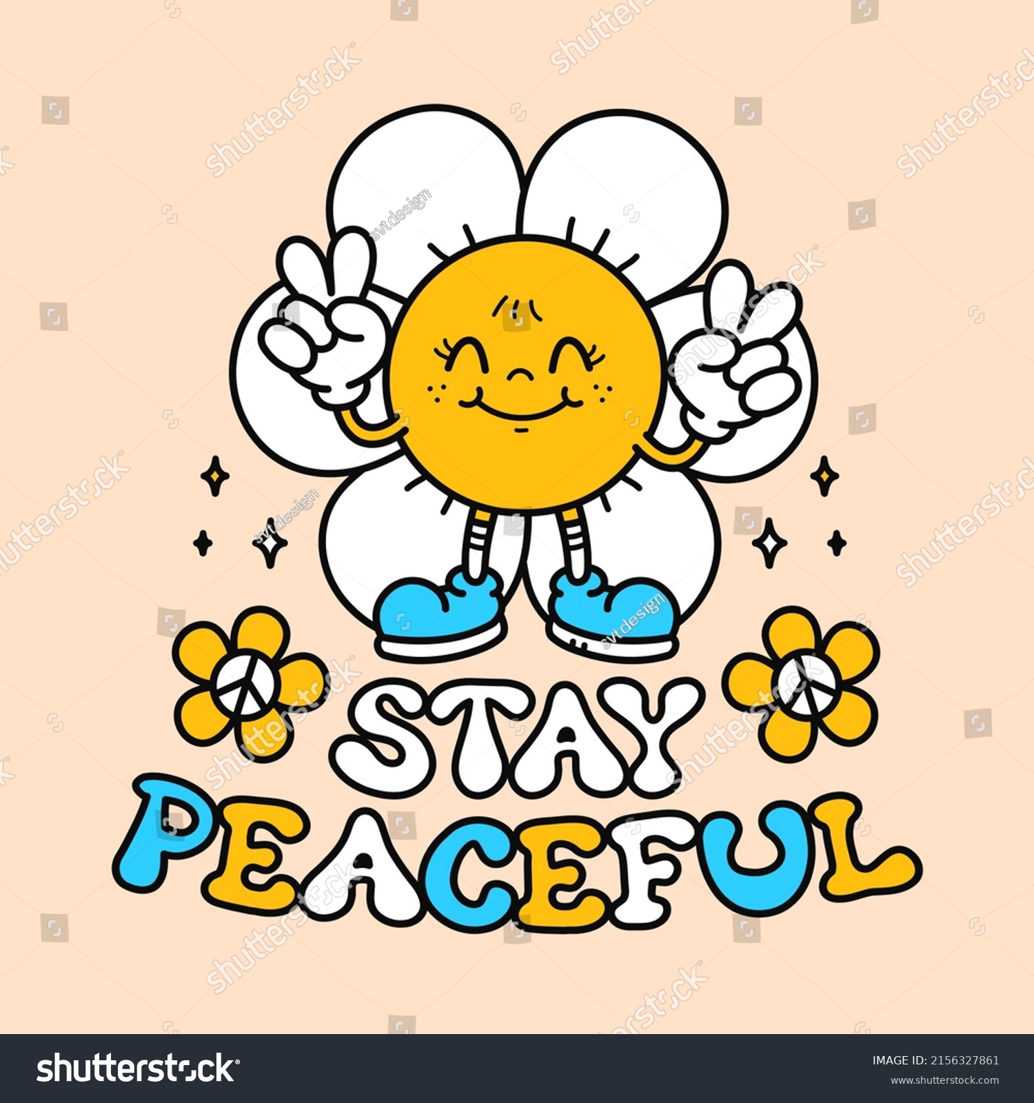 Cute funny flower show peace gesture t-shirt print design. Vector retro vintage cartoon character illustration. Funny hippie flower camomile slogan print for t-shirt poster sticker logo art concept