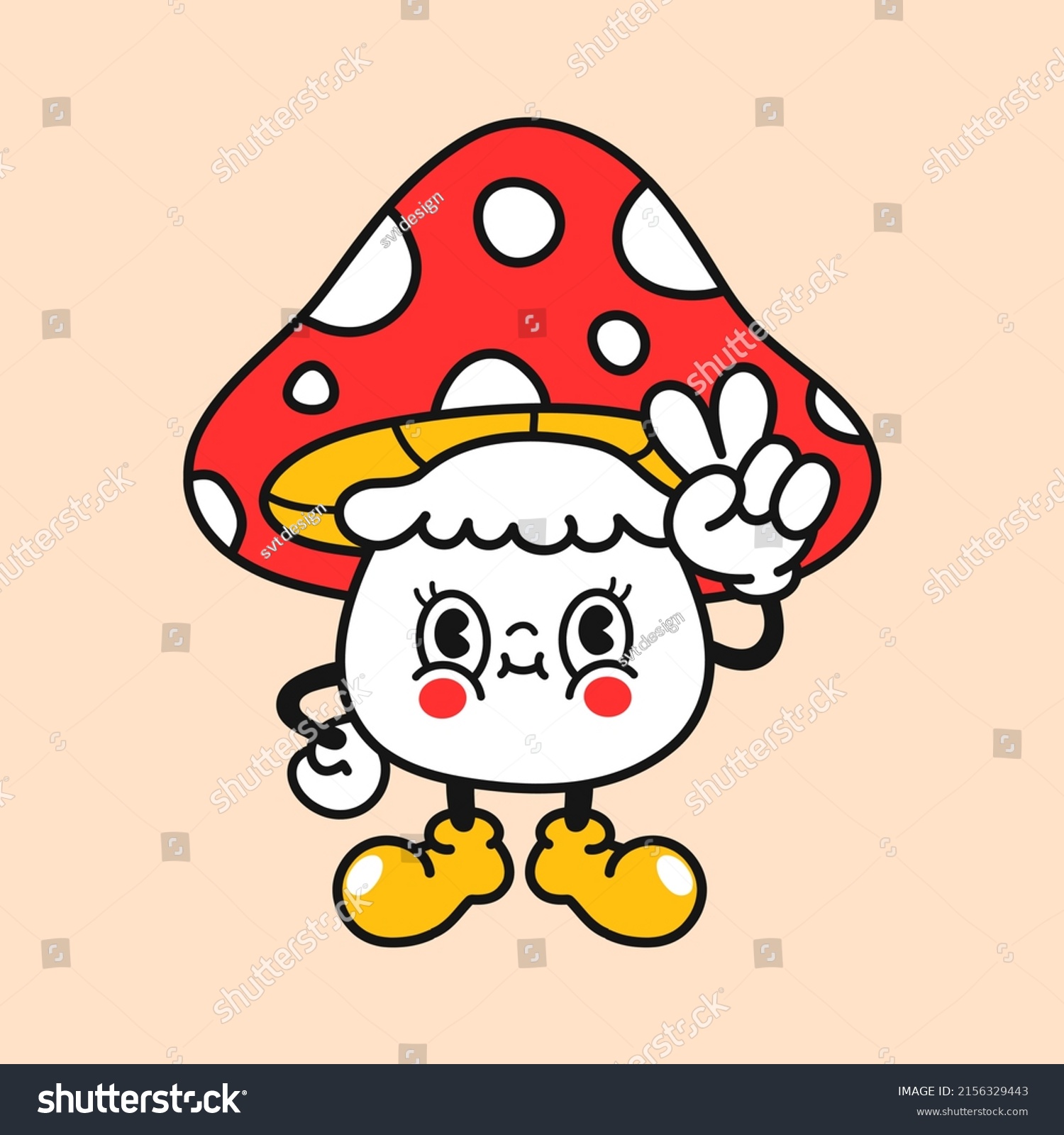 Cute funny amanita mushroom show peace gesture t-shirt print design. Vector retro vintage cartoon character illustration. Funny hippie mashroom print for t-shirt poster sticker logo art concept