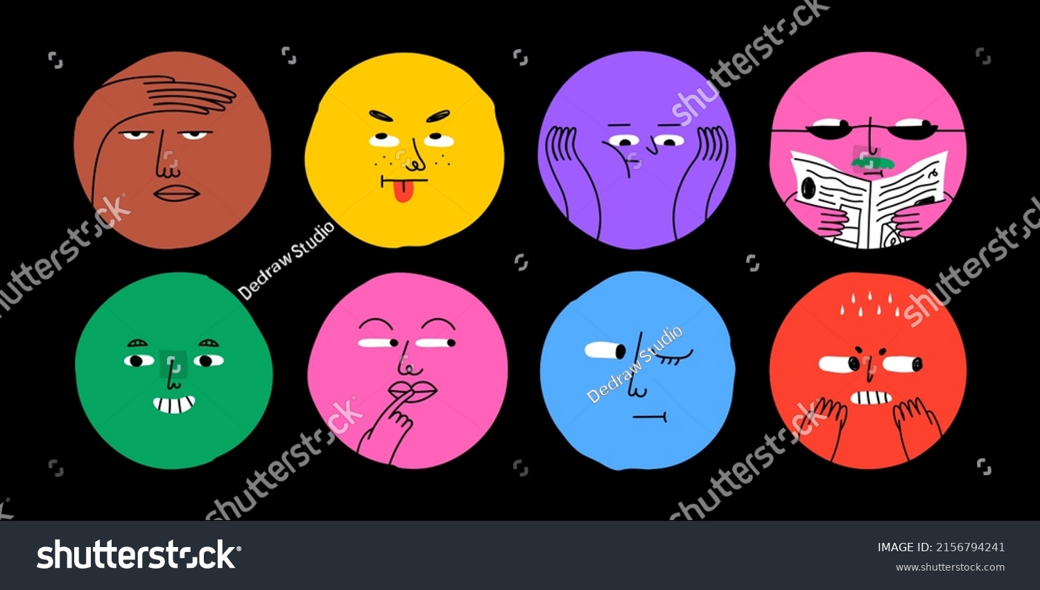 Colorful cartoon character face circle illustration set. Funny people faces doing diverse gesture and mood expression in trendy cartoon style. Social media reaction sticker  children drawing concept.