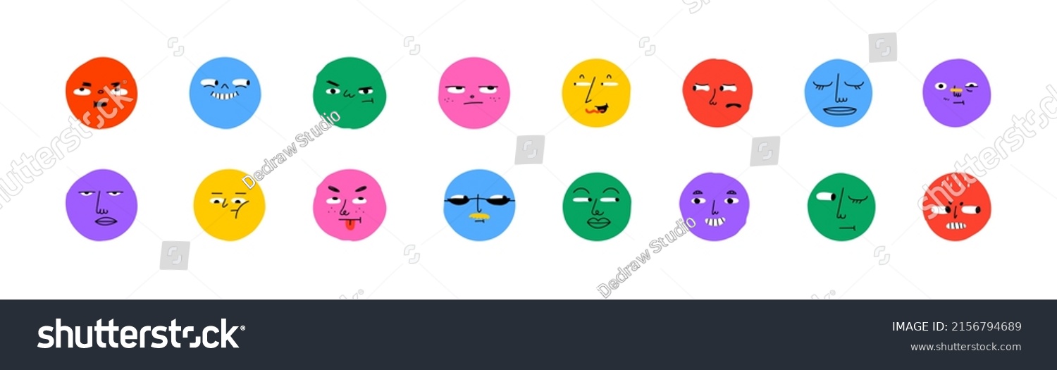 Colorful cartoon character face circle illustration set. Funny people faces doing diverse gesture and mood expression in trendy cartoon style. Social media reaction sticker  children drawing concept.