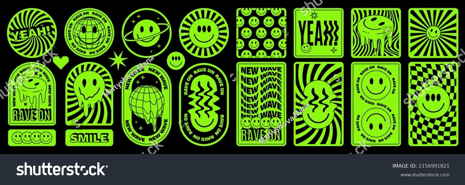 Rave psychedelic acid sticker set. Trippy illustrations  dripping smiles. surreal geometric shapes  abstract backgrounds and patterns. Vector elements and signs in trendy psychedelic weird 90s style.