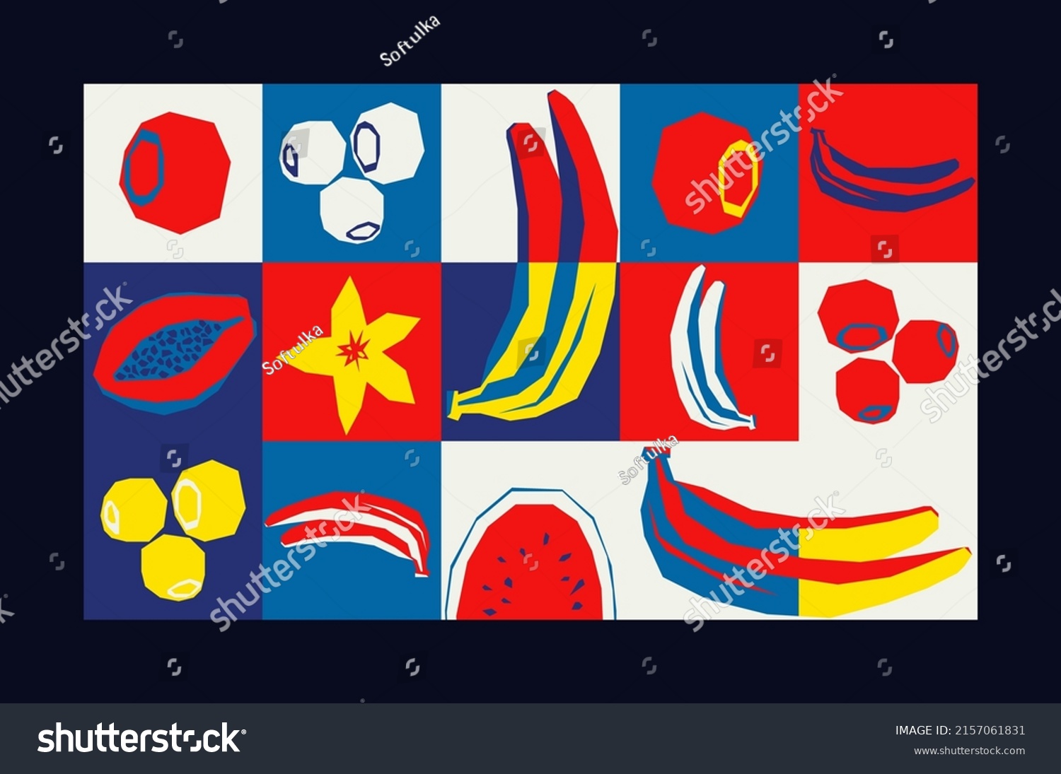 Universal Geometric Pattern With Decorative Fruit Elements Shapes. Abstract Vector Background Composition For A Poster Design  Fabric Print  Wallpaper  Wrapping Paper.