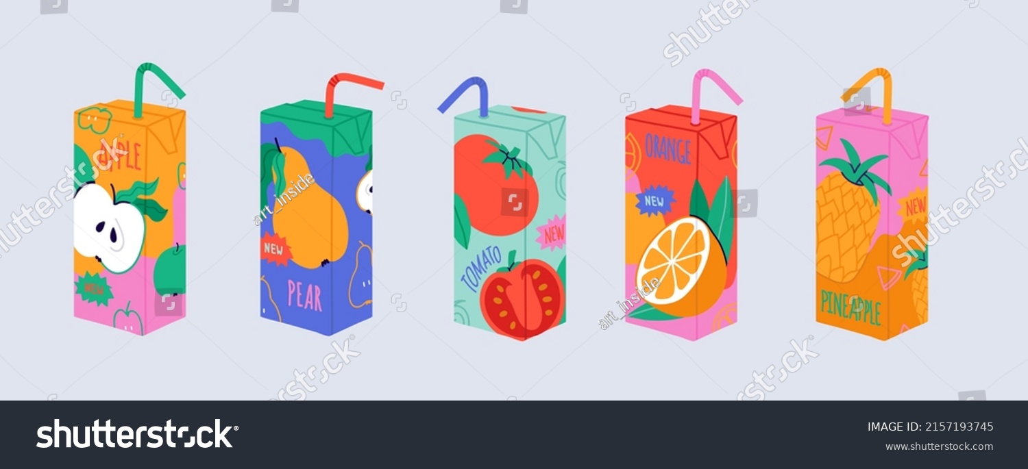 Set of colorful juice box with various fruit flavours. Apple  orange  tomato  pineapple  pear fresh. Lunch drink for kids. Lemonade illustration in cartoon style. Paper package isolated vector