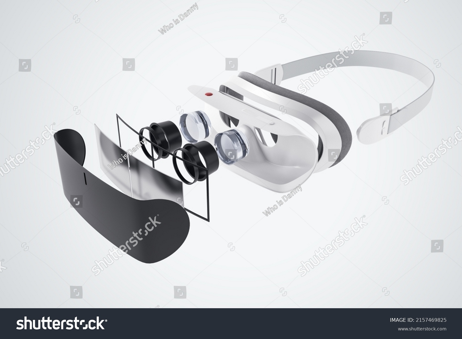 Virtual reality technologies concept with components of modern VR headset on abstract white background virtual reality concept. 3D rendering