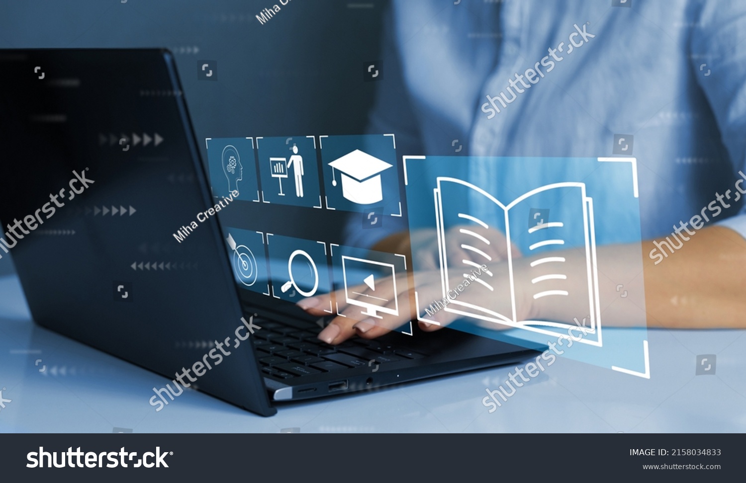 E-learning education internet lessons and online webinar. Person who ...
